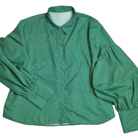 Shirt button-down XXL NEW Green Striped Blouse Long Sleeve Top Blouse - Picture 1 of 8